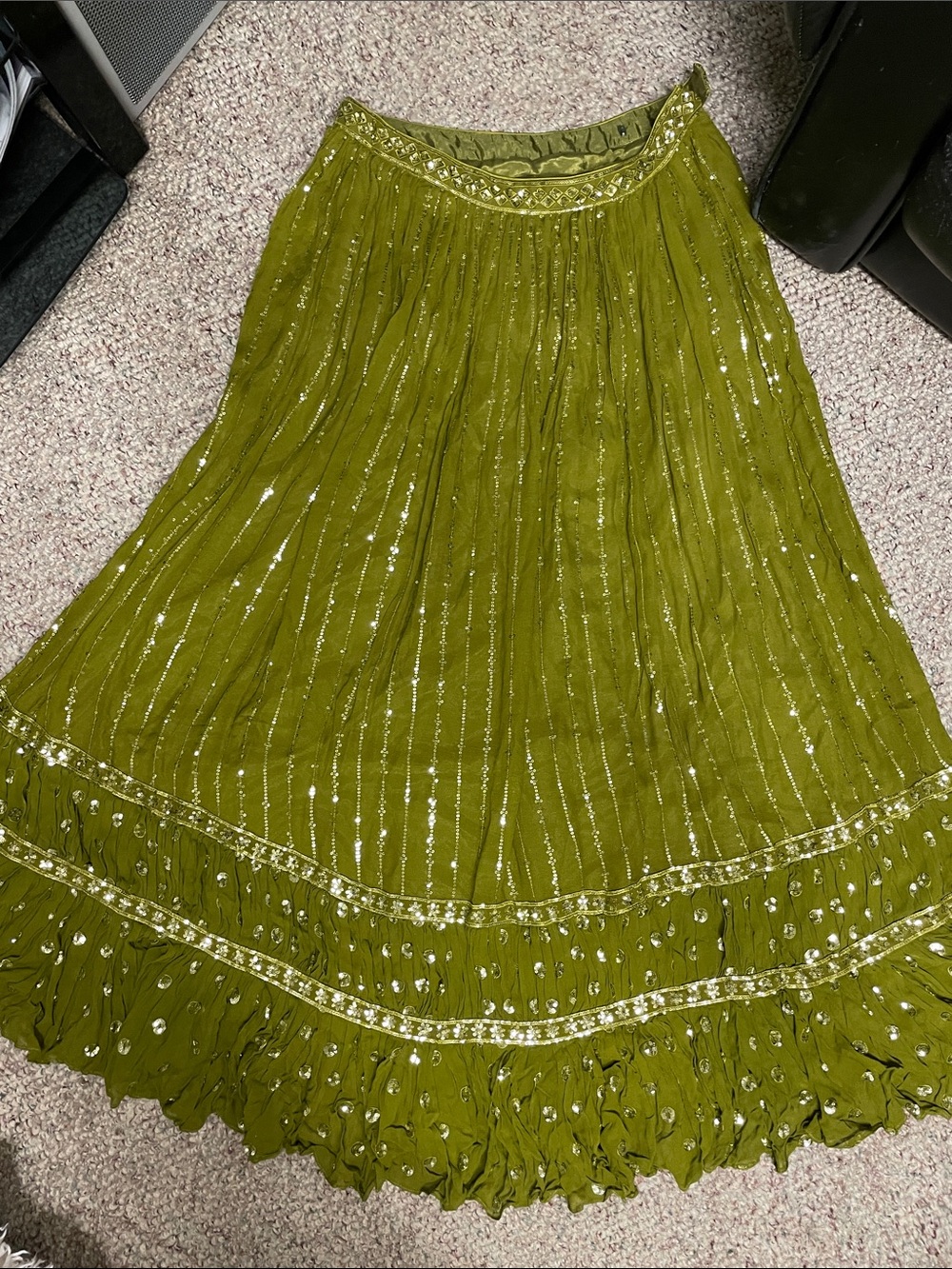 Vintage silk Green sequin Embellished ultra full Maxi Skirt -amazing